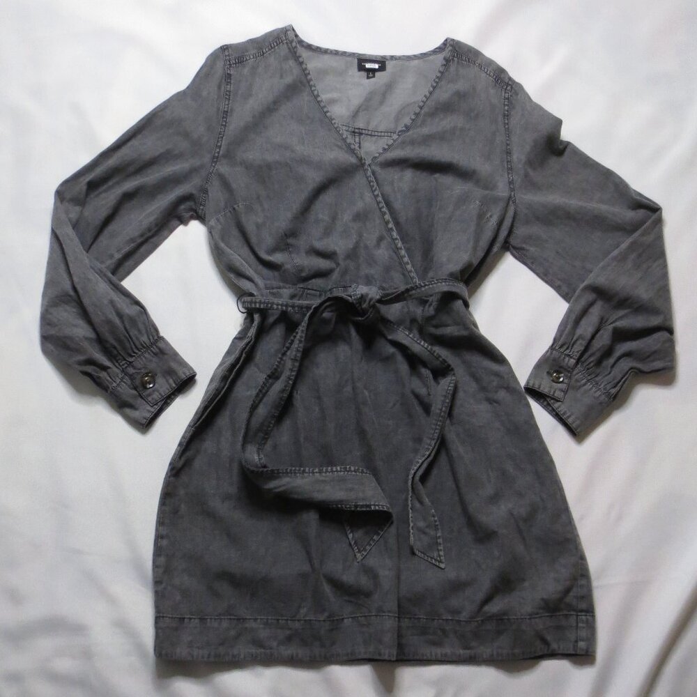 WHO WHAT WEAR womens DRESS black ACID WASH faded WRAP mini LONG SLEEVE SIZE L - Picture 8 of 13